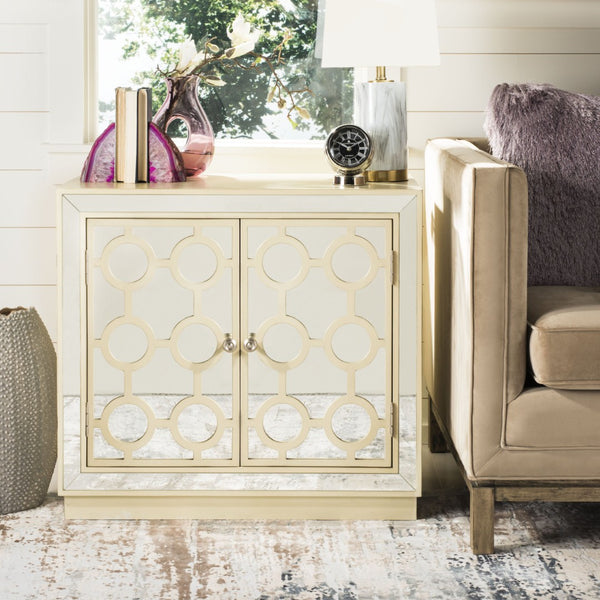 Safavieh Kaia Two-Door Chest: Glamorous Art Deco Design With Mirrored Lattice, Perfect For Stylish Storage Solutions Antique Beige/Mirror CHS6404B