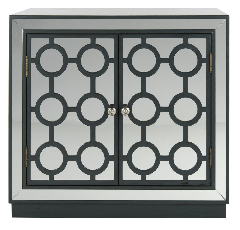 Safavieh Kaia Two-Door Chest: Glamorous Art Deco Design With Mirrored Lattice, Perfect For Stylish Storage Solutions Steel Teal/Mirror CHS6404C