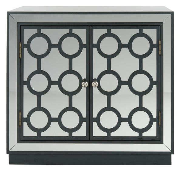 Safavieh Kaia Two-Door Chest: Glamorous Art Deco Design With Mirrored Lattice, Perfect For Stylish Storage Solutions Steel Teal/Mirror CHS6404C