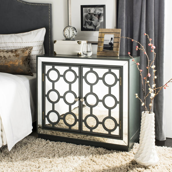 Safavieh Kaia Two-Door Chest: Glamorous Art Deco Design With Mirrored Lattice, Perfect For Stylish Storage Solutions Steel Teal/Mirror CHS6404C