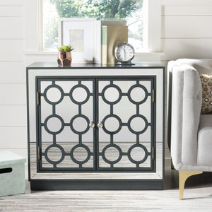 Safavieh Kaia Two-Door Chest: Glamorous Art Deco Design With Mirrored Lattice, Perfect For Stylish Storage Solutions Steel Teal/Mirror CHS6404C