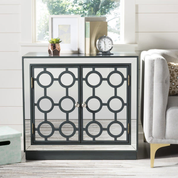 Safavieh Kaia Two-Door Chest: Glamorous Art Deco Design With Mirrored Lattice, Perfect For Stylish Storage Solutions Steel Teal/Mirror CHS6404C