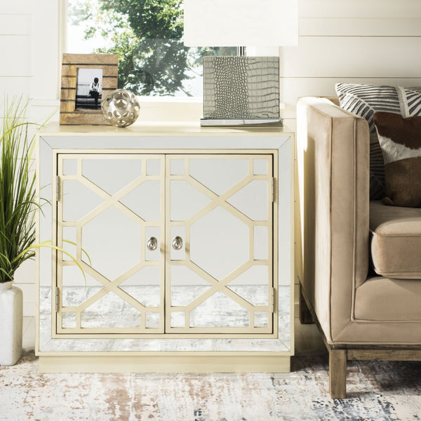 Safavieh Juniper 2-Door Chest – Glamorous Hollywood Regency Design With Geometric Pattern And Mirrored Accents Antique Beige/Mirror CHS6405B