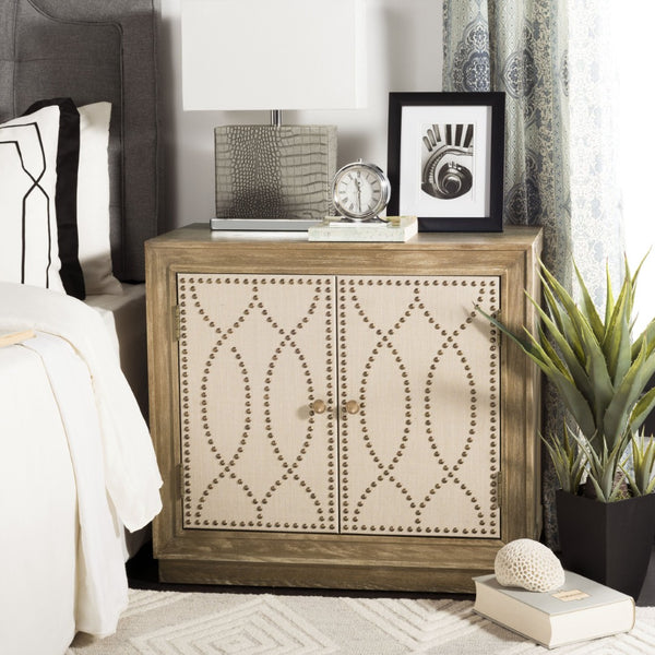 Safavieh Yuna Two-Door Chest - Stylish Rustic Storage With Copper Nailhead Trim And Textured Linen Doors Rustic Oak/Beige Linen CHS6407A