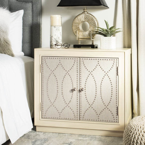 Safavieh Yuna Two-Door Chest - Stylish Rustic Storage With Copper Nailhead Trim And Textured Linen Doors Antique Beige/Light Grey Linen CHS6407B