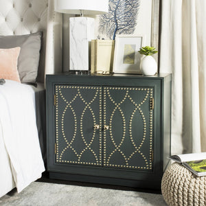 Safavieh Yuna Two-Door Chest - Stylish Rustic Storage With Copper Nailhead Trim And Textured Linen Doors Steel Teal/Gold CHS6407C