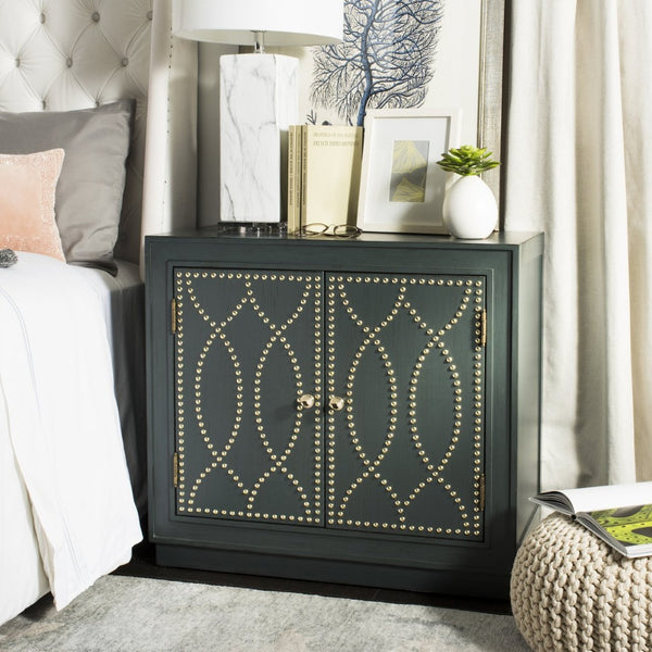 Safavieh Yuna Two-Door Chest - Stylish Rustic Storage With Copper Nailhead Trim And Textured Linen Doors Steel Teal/Gold CHS6407C