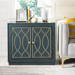 Safavieh Yuna Two-Door Chest - Stylish Rustic Storage With Copper Nailhead Trim And Textured Linen Doors Steel Teal/Gold CHS6407C