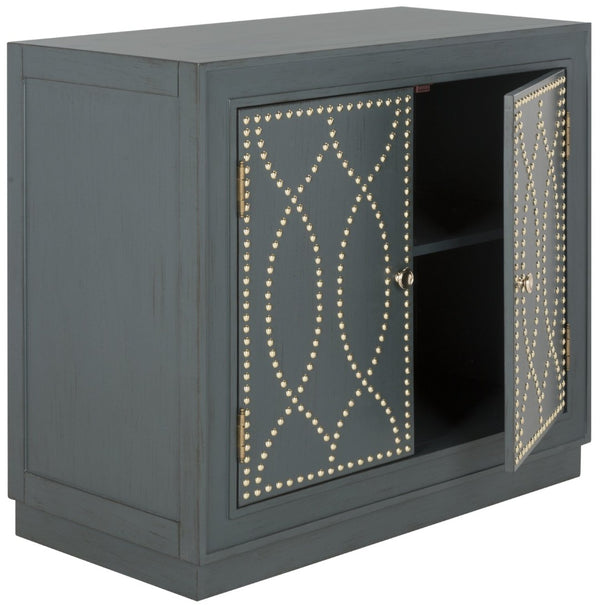 Safavieh Yuna Two-Door Chest - Stylish Rustic Storage With Copper Nailhead Trim And Textured Linen Doors Steel Teal/Gold CHS6407C