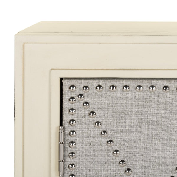 Safavieh Erin Rustic Oak 2-Door Chest With Beige Linen Panels & Copper Nailhead Trim For Stylish Storage CHS6408B