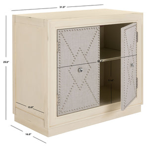 Safavieh Erin Rustic Oak 2-Door Chest With Beige Linen Panels & Copper Nailhead Trim For Stylish Storage CHS6408B