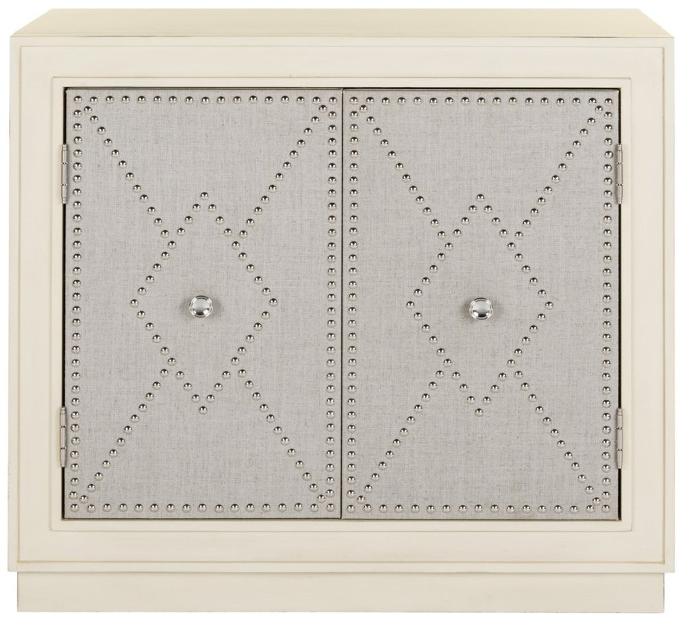 Safavieh Erin Rustic Oak 2-Door Chest With Beige Linen Panels & Copper Nailhead Trim For Stylish Storage CHS6408B