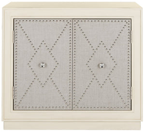 Safavieh Erin Rustic Oak 2-Door Chest With Beige Linen Panels & Copper Nailhead Trim For Stylish Storage CHS6408B