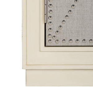 Safavieh Erin Rustic Oak 2-Door Chest With Beige Linen Panels & Copper Nailhead Trim For Stylish Storage CHS6408B