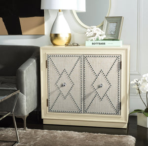 Safavieh Erin Rustic Oak 2-Door Chest With Beige Linen Panels & Copper Nailhead Trim For Stylish Storage CHS6408B