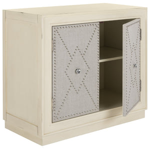 Safavieh Erin Rustic Oak 2-Door Chest With Beige Linen Panels & Copper Nailhead Trim For Stylish Storage CHS6408B