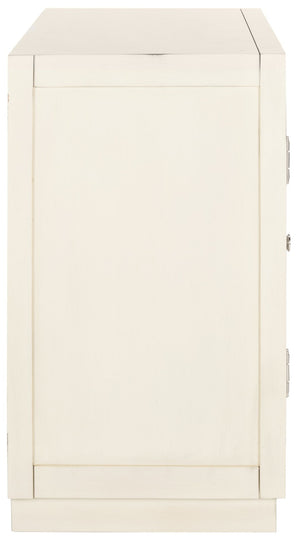 Safavieh Erin Rustic Oak 2-Door Chest With Beige Linen Panels & Copper Nailhead Trim For Stylish Storage CHS6408B