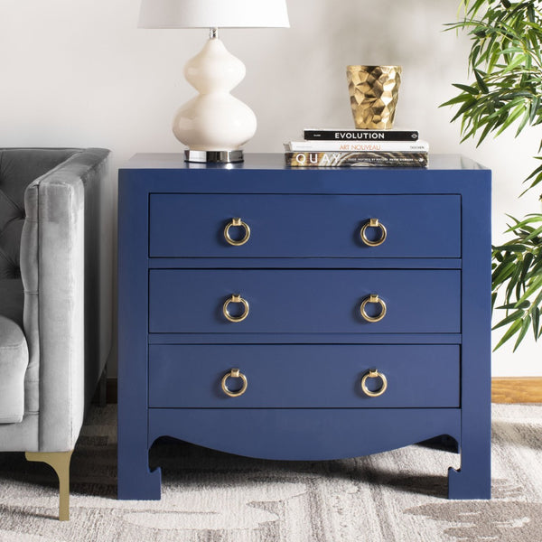 Safavieh Dion Three-Drawer Chest - Elegant Asian-Inspired Design With Modern Finish For Stylish Storage Solutions Lapis Blue/Gold CHS6411B