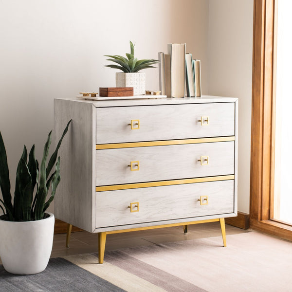 Safavieh Katia Stylish 3 Drawer Chest - Mid-Century Modern Design With Elegant Accents For Timeless Charm White Wash/Gold CHS6413C