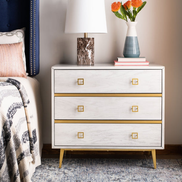 Safavieh Katia Stylish 3 Drawer Chest - Mid-Century Modern Design With Elegant Accents For Timeless Charm White Wash/Gold CHS6413C