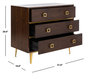 Safavieh Katia Three-Drawer Chest In Walnut With Brass Accents - Chic Storage Solution For Modern Spaces CHS6413D