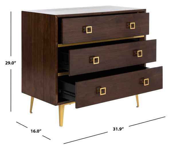 Safavieh Katia Three-Drawer Chest In Walnut With Brass Accents - Chic Storage Solution For Modern Spaces CHS6413D