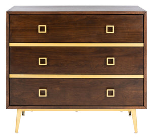 Safavieh Katia Three-Drawer Chest In Walnut With Brass Accents - Chic Storage Solution For Modern Spaces CHS6413D