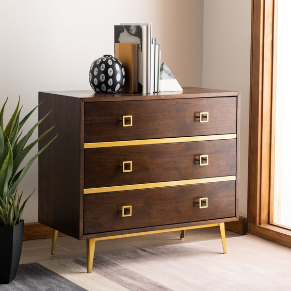 Safavieh Katia Three-Drawer Chest In Walnut With Brass Accents - Chic Storage Solution For Modern Spaces CHS6413D
