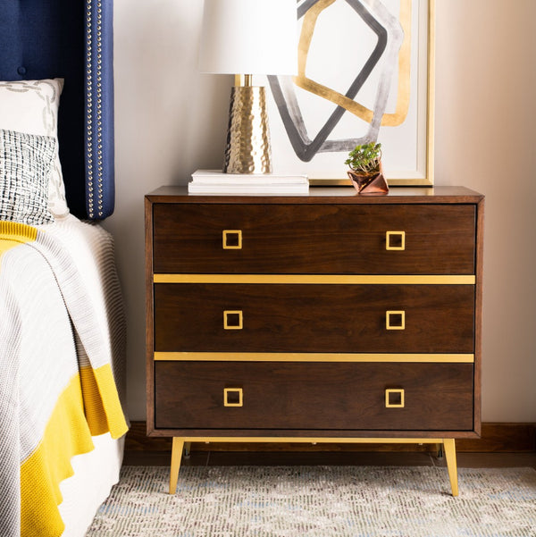 Safavieh Katia Three-Drawer Chest In Walnut With Brass Accents - Chic Storage Solution For Modern Spaces CHS6413D