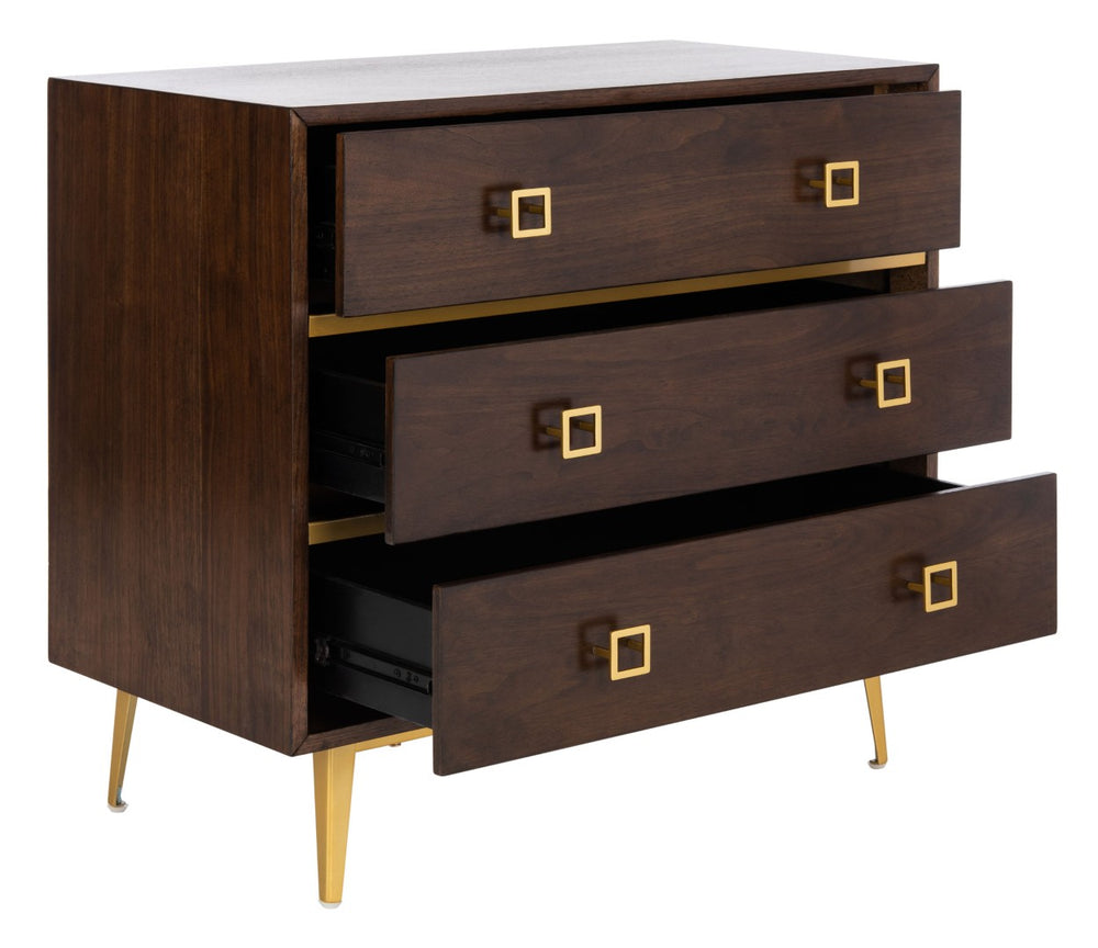 Safavieh Katia Three-Drawer Chest In Walnut With Brass Accents - Chic Storage Solution For Modern Spaces CHS6413D