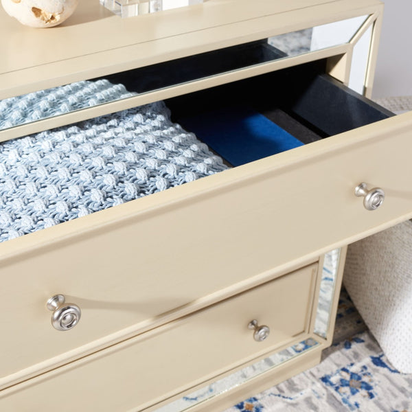 Safavieh Basie 3-Drawer Chest: Chic Mirrored Storage Solution For Modern Living Rooms, Bedrooms, Or Hallways Antique Beige CHS6414B