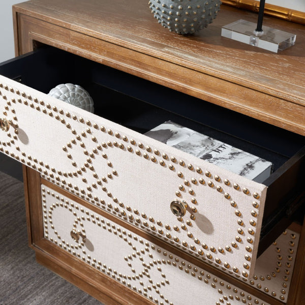 Safavieh Kenta Modern 3-Drawer Chest With Rustic Oak Finish And Beige Linen Panels For Stylish Storage Solutions CHS6415A