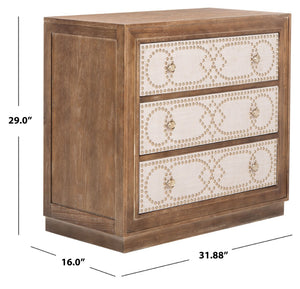 Safavieh Kenta Modern 3-Drawer Chest With Rustic Oak Finish And Beige Linen Panels For Stylish Storage Solutions CHS6415A
