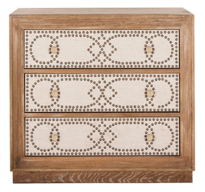 Safavieh Kenta Modern 3-Drawer Chest With Rustic Oak Finish And Beige Linen Panels For Stylish Storage Solutions CHS6415A