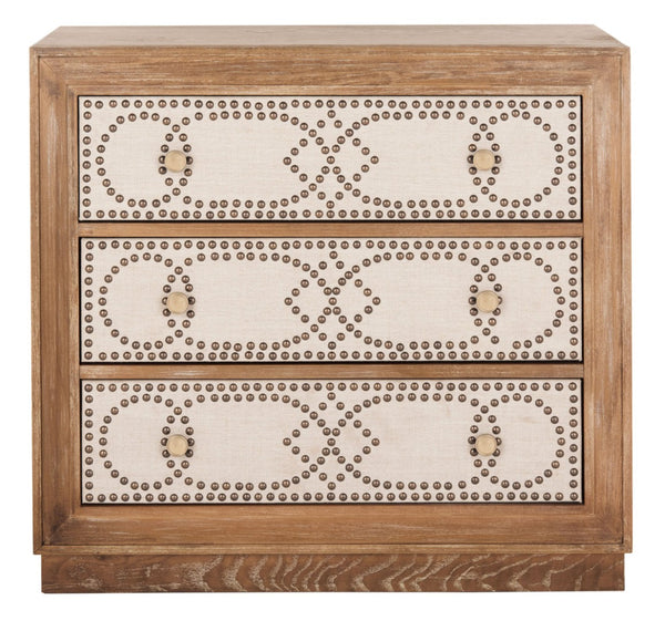Safavieh Kenta Modern 3-Drawer Chest With Rustic Oak Finish And Beige Linen Panels For Stylish Storage Solutions CHS6415A