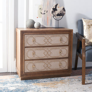 Safavieh Kenta Modern 3-Drawer Chest With Rustic Oak Finish And Beige Linen Panels For Stylish Storage Solutions CHS6415A