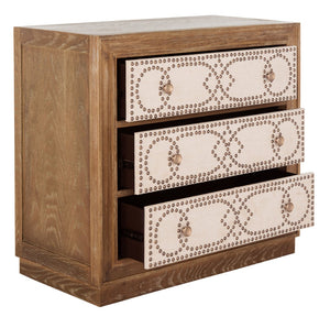 Safavieh Kenta Modern 3-Drawer Chest With Rustic Oak Finish And Beige Linen Panels For Stylish Storage Solutions CHS6415A