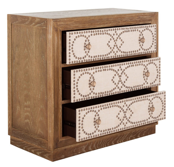Safavieh Kenta Modern 3-Drawer Chest With Rustic Oak Finish And Beige Linen Panels For Stylish Storage Solutions CHS6415A
