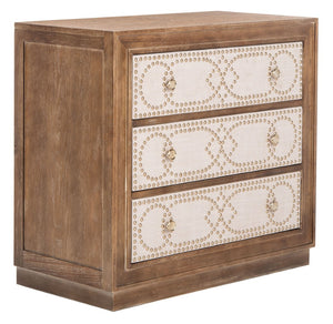 Safavieh Kenta Modern 3-Drawer Chest With Rustic Oak Finish And Beige Linen Panels For Stylish Storage Solutions CHS6415A