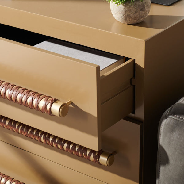 Safavieh Raquel 3-Drawer Chest - Mid-Century Modern Rustic Storage Solution For Stylish Small Spaces Taupe/Gold/Brown Faux Leather CHS6602A