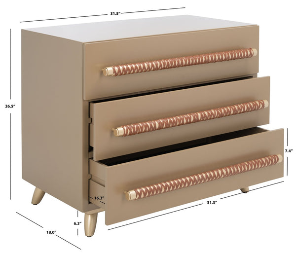 Safavieh Raquel 3-Drawer Chest - Mid-Century Modern Rustic Storage Solution For Stylish Small Spaces Taupe/Gold/Brown Faux Leather CHS6602A