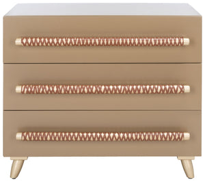 Safavieh Raquel 3-Drawer Chest - Mid-Century Modern Rustic Storage Solution For Stylish Small Spaces Taupe/Gold/Brown Faux Leather CHS6602A
