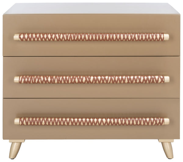 Safavieh Raquel 3-Drawer Chest - Mid-Century Modern Rustic Storage Solution For Stylish Small Spaces Taupe/Gold/Brown Faux Leather CHS6602A