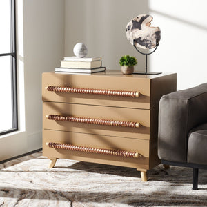 Safavieh Raquel 3-Drawer Chest - Mid-Century Modern Rustic Storage Solution For Stylish Small Spaces Taupe/Gold/Brown Faux Leather CHS6602A
