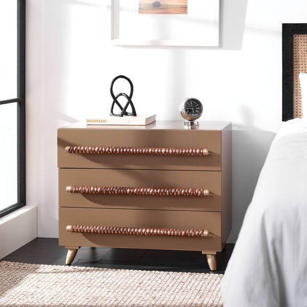 Safavieh Raquel 3-Drawer Chest - Mid-Century Modern Rustic Storage Solution For Stylish Small Spaces Taupe/Gold/Brown Faux Leather CHS6602A
