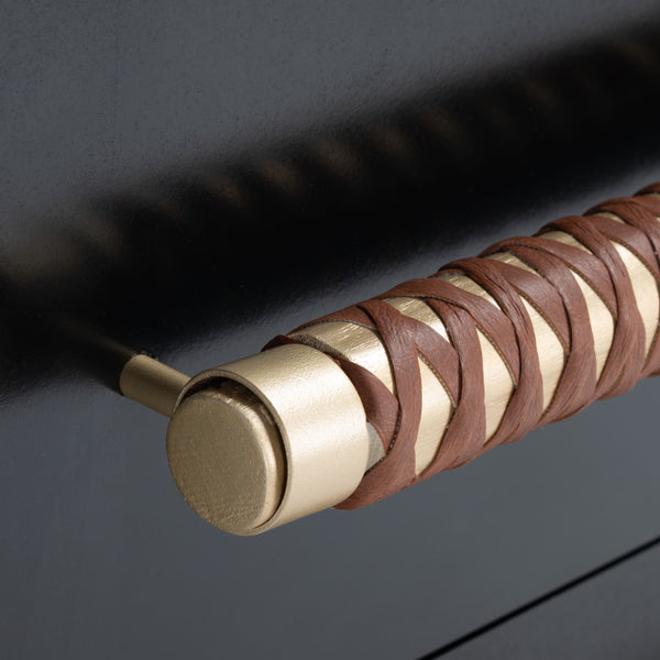 Safavieh Raquel Stylish 3 Drawer Chest In Black & Gold With Brown Faux Leather - Chic Storage Solution! Black ,Gold Wood,Metal,Faux Leather Chs6602b