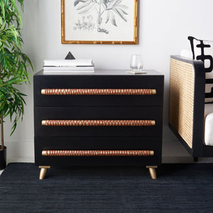 Safavieh Raquel Stylish 3 Drawer Chest In Black & Gold With Brown Faux Leather - Chic Storage Solution! Black ,Gold Wood,Metal,Faux Leather Chs6602b