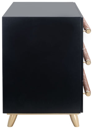 Safavieh Raquel Stylish 3 Drawer Chest In Black & Gold With Brown Faux Leather - Chic Storage Solution! Black ,Gold Wood,Metal,Faux Leather Chs6602b