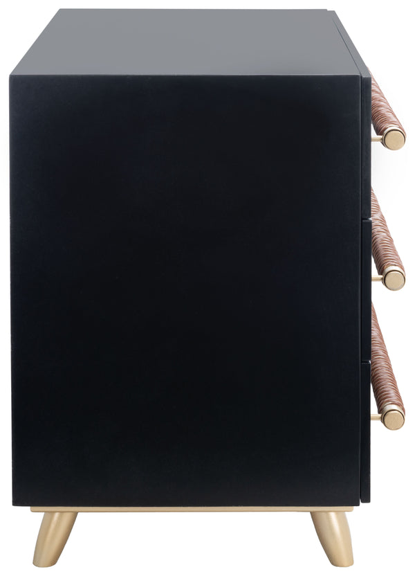 Safavieh Raquel Stylish 3 Drawer Chest In Black & Gold With Brown Faux Leather - Chic Storage Solution! Black ,Gold Wood,Metal,Faux Leather Chs6602b