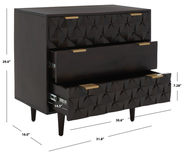Safavieh Zinnia 3 Drawer Chest - Artisan Carved Storage Solution With Geometric Design For Modern Spaces Walnut CHS9000A